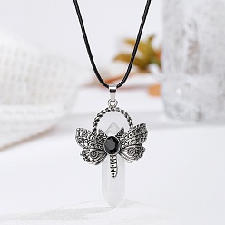 Хрусталь Богемский натуральный кварцевый кристалл, заостренный кулон в виде стрекозы из нержавеющей стали, ожерелье из черной искусственной кожи., цвет нержавеющей стали, 17.32 дюйм (44 см)