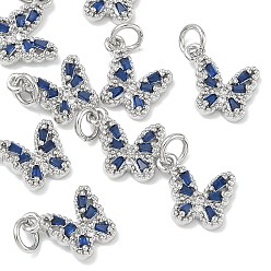 Royal Blue SHEGRACE Brass Pave Clear Cubic Zirconia Pendants, Butterfly Charms, Cadmium Free & Nickel Free & Lead Free, Long-Lasting Plated, Platinum, Royal Blue, 11x11.5x3mm, Hole: 3mm