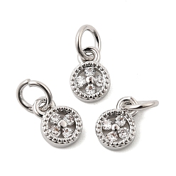 Прозрачный Латунные микро проложить кубического циркония подвески, плоский круг с подвеской в виде клевера, без свинца и без кадмия, долговечный, стойки покрытие, платина, прозрачные, 8x6x2 мм, Перейти кольцо: 5x1 мм, внутренний диаметр: 3 мм