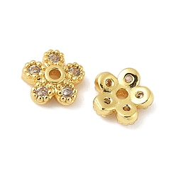 Настоящее золото 18K Колпачки для бусин из прозрачного кубического циркония из латуни, 5-лепестков цветка, реальный 18 k позолоченный, 6x2 мм, отверстие : 0.8 мм