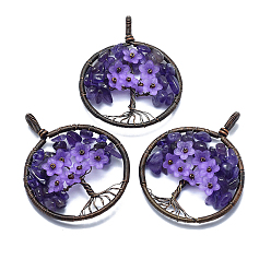 Amethyst Natural Amethyst Pendants, with Acrylic and Brass Findings, Flat Round with Tree of Life, 59x47~47.5x9.5~10mm, Hole: 4mm