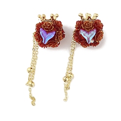 Dark Red Handmade Polymer Clay Rhinestone Beads, with Glitter, Resin & Acrylic & Glass Cabochon & Alloy Chain, Rose with Crown & Fishtail, Dark Red, 60~69mm