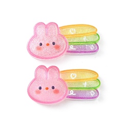 Pearl Pink Translucent Resin Cabochons, Glitter Rabbit with Rainbow, Pearl Pink, 17.5x33x6mm