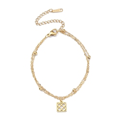 Golden 304 Stainless Steel Cable & Satellite Chains Double Layer Multi-strand Bracelet, with Square with Flower Charms, Golden, 6-3/4 inch(17cm)