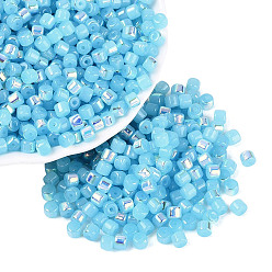 Deep Sky Blue FGB Imitation Jade Colours Glass Seed Beads, Rainbow Plated, Round Hole, Barrel, Deep Sky Blue, 4x3.5mm, Hole: 0.9~1mm, about 3750pcs/pound