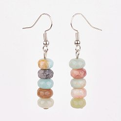 Amazonite Brass Tassel Dangle Earrings, with Natural Amazonite Beads, Platinum, 45mm, Pin: 0.6mm