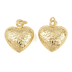 Настоящее золото 18K Латунные подвески, подвески в виде сердца с цветочным узором, стойки покрытие, долговечный, без кадмия и без свинца, реальный 18 k позолоченный, 17.5x15x7.5 мм, отверстие : 3 мм