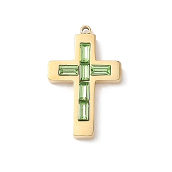 Перидот 304 из нержавеющей стали горный хрусталь подвески, крест прелести, реальный 14 k позолоченный, перидот, 25x15x3.5 мм, отверстие : 1.8 мм