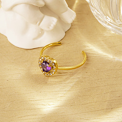 Фиолетовый Кольца-манжеты из нержавеющей стали с микропаве из кубического циркония для женщин, сердце, реальный 18 k позолоченный, фиолетовые