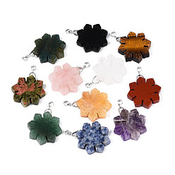 Смешанные камни Природные каменные смешанные подвески, подвески-снежинки с дужками из нержавеющей стали, цвет нержавеющей стали, 36~38x30x6.5~7.5 мм, отверстие : 3~4x4.5~5 мм