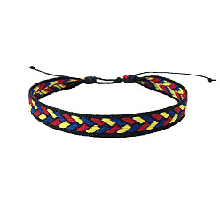 Black Bohemia Polyester Braided Flat Cord Bracelet, Adjustable Bracelet for Women, Black, 6-1/2~9-7/8 inch(16.5~25cm)
