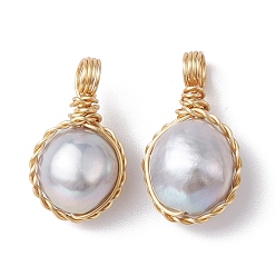 Серебро Подвески из медной проволоки с натуральным культивированным пресноводным жемчугом, круглые подвески, золотые, серебряные, 18.5~21x11~12x7.5~9.5 мм, отверстие : 3 мм