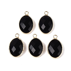 Black Onyx Подвески из натурального черного оникса (окрашенные и нагретые), овальные амулеты, граненые, с латунной оправой, долговечный, золотые, 21x13~14x5.5~6 мм, отверстие : 2 мм