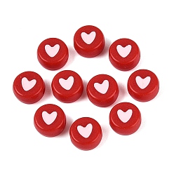 Crimson Opaque Acrylic Beads, Flat Round & Heart, Crimson, 7x3.5~4mm, Hole: 1.5mm, about 3570pcs/500g