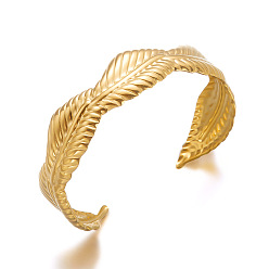 Golden 304 Stainless Steel Leaf Open Cuff Bangles for Women, Golden, Inner Diameter: 2.36 inch(6cm)