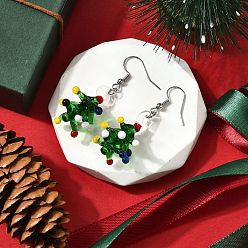 Платина Ручной работы Lampwork болтаться серьги, с 316 хирургическими крючками для серег из нержавеющей стали, Рождественские елки, платина, 49x17.5 мм