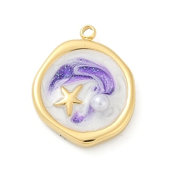 Плоский Круглый Тема океана 304 эмалированные подвески из нержавеющей стали, с пластиковой имитационной жемчужиной, золотые, морская звезда, плоско-круглые, 19x15x4.5 мм, отверстие : 1.4 мм