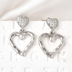 Платина Полые латунные серьги-гвоздики с микропаве из прозрачных кубических цирконий, без кадмия и без свинца, долговечный, стойки покрытие, платина, 30x18.5 мм