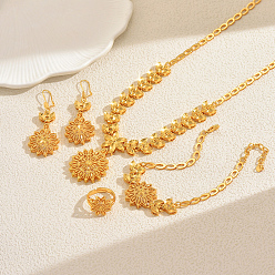 Золотой Комплекты из винтажного сплава с полыми цветами, браслеты, серьги, ожерелья и кольца для женщин, золотые, ожерелья: 18.90 дюйм (48 см)