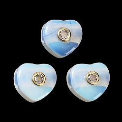 Opalite Granos europeos Opalite, corazón cuentas grandes hoyos, con detalles de latón dorado micro pavé de circonita cúbica transparente, 12.5~13x13~14x12~13 mm, agujero: 5.5 mm