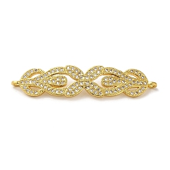 Golden Rack Plating Brass Micro Pave Clear Cubic Zirconia Connector Charms, Leaf Links, Long-Lasting Plated, Lead Free & Cadmium Free, Golden, 42x9.5x2mm, Hole: 1.2mm
