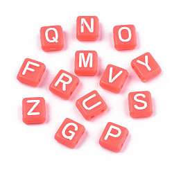 Оранжево-Красный Непрозрачные акриловые многожильных ссылки, для изготовления эластичных браслетов, прямоугольник со случайной буквой, оранжево-красный, 8x9x4.5 мм, отверстие : 1.5 мм, Около 1900 шт / 500 г