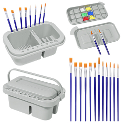 Dark Khaki 2Pcs Plastic Multi-functional Paint Brush Cleaners, including Brush Basin, Wood Paint Brushes and Plastic Palette Scraper, with 2 Bags Plastic Painting Brush Set, Dark Khaki, 231x134x108mm