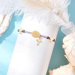 Лиловый Регулируемые браслеты из нейлонового шнура с плетеными бусинами, 304 Браслеты из нержавеющей стали с подвесками в виде Девы Марии и креста для женщин, со стеклянными бисеринами, сирень, внутренний диаметр: 2-3/8~3-3/8 дюйм (6~8.5 см)