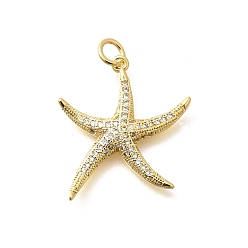 Настоящее золото 18K Латунные микропаве прозрачные подвески с фианитом, прелести морская звезда, с целью перехода в кольце, стойки покрытие, долговечный, без свинца и без кадмия, реальный 18 k позолоченный, 23.5x20.5x3 мм, отверстие : 3 мм