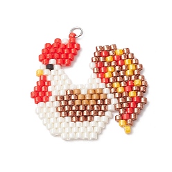 Other Animal Подвески из стеклянного бисера ручной работы, с цветной нержавеющей сталью 304 петля из нержавеющей стали, петух, 32x33x2 мм, отверстие : 3 мм