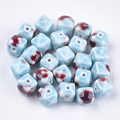 Light Sky Blue Handmade Porcelain Beads, Fancy Antique Glazed Porcelain, Cube , Light Sky Blue, 13x13~14x13~14mm, Hole: 2mm