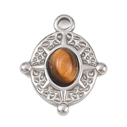 Нержавеющая Сталь Цвет Природных тигровый глаз подвески, Овальные подвески с 304 оправами из нержавеющей стали, цвет нержавеющей стали, 22.5x18.5x5.5 мм, отверстие : 2.8 мм