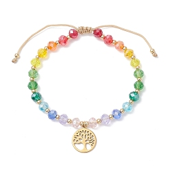 Tree of Life 304 из нержавеющей стали шарм браслеты, Браслеты из плетеных бусин из цветного стекла градиента для женщин, золотые, древо жизни, внутренний диаметр: 2-1/4~3-1/8 дюйм (5.65~8.05 см)