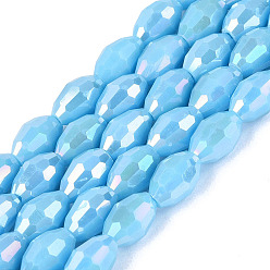 Light Sky Blue Electroplate Opaque Solid Color Glass Beads Strands, Rice, AB Color Plated, Faceted, Light Sky Blue, 8~8.5x5.5~6mm, Hole: 1~1.2mm, about 67~68pcs/strand, 21.46~22.24 inch(54.5~56.5cm)