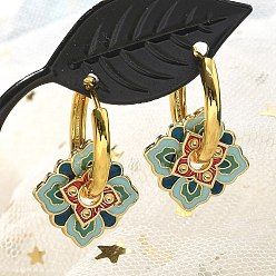 Pink Серьги-кольца из латуни с ромбами, с эмалью, без свинца и без кадмия, реальный 18 k позолоченный, стойки покрытие, розовые, 22x17 мм