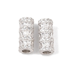 Platino Real Plateado 925 cuentas de circonita cúbica transparente micropavé de plata de ley, chapado en rack, larga duración plateado, columna, Rodio plateado, Platino verdadero plateado, 12x5~5.5 mm, agujero: 2.5 mm