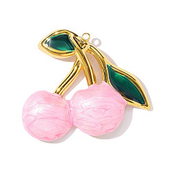 Бледно-Розовый 304 нержавеющей стальной эмали подвески, черри прелести, ионное покрытие (ip), реальный 18 k позолоченный, розовый жемчуг, 49x43 мм