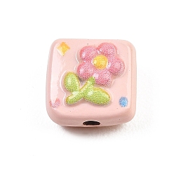 Pink Печатные бусины из сплава, Квадрат и цветок, розовые, 10x10x7 мм, отверстие : 2 мм