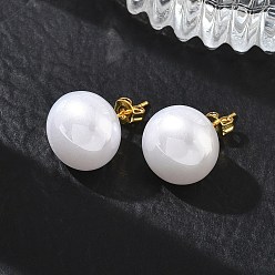 White Brass & ABS Plastic Imitation Pearl Stud Earrings for Women, Round, Long-Lasting Plated, Rack Plating, Lead Free & Cadmium Free, Golden, White, 13.5mm