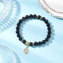 Обсидиан 8.5Мм браслеты из натурального обсидиана с круглыми бусинами для женщин, Браслеты с подвесками в форме овала с крестом из латуни с микропаве из кубических цирконий, золотые, внутренний диаметр: 2-1/4 дюйм (5.8 см)