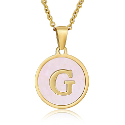 Letter G Natural Shell Initial Letter Pendant Necklace, with Golden Stainless Steel Cable Chains, Letter G, 17.72 inch(45cm)
