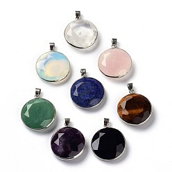 Mixed Stone Mixed Gemstone Beads Pendants, with Platinum Brass Findings, Flat Round, 30.5x26.4x7.8mm, Hole: 6x4mm