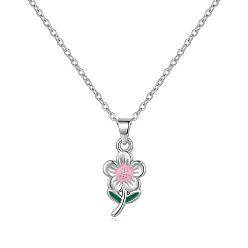 Stainless Steel Color 304 Stainless Steel Enamel Pink Flower Pendant Necklaces for Women, Stainless Steel Color, 15.75 inch(40cm)