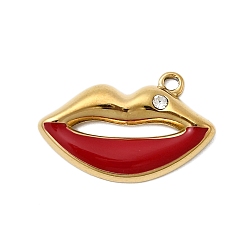 Настоящее золото 18K 304 прелести нержавеющей стали, губы прелести, с эмалью и стразами, ионное покрытие (ip), реальный 18 k позолоченный, 14.5x22.5x3 мм, отверстие : 1.6 мм