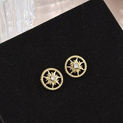 Настоящее золото 18K Женские серьги-гвоздики из латуни с микропаве и прозрачным кубическим цирконием, круглый с солнцем, стойки покрытие, долговечный, без кадмия и без свинца, реальный 18 k позолоченный, 9.5 мм