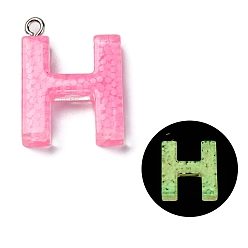 Letter H Светящиеся подвески смолы, светится в темноте, с платиновым покрытием петли, буквы, Письмо ч, 23.5x18x5.5 мм, отверстие : 1.8 мм