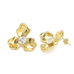 Golden Brass Micro Pave Cubic Zirconia Stud Earrings Findings, Flower, with Loop, Rack Plating, Long-Lasting Plated, Cadmium Free & Lead Free, Golden, 22.5x24.5mm, Hole: 2mm, Pin: 0.7mm