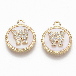 Letter W Brass Micro Pave Cubic Zirconia Pendants, with Shell, Flat Round with Letter, Nickel Free, Clear, Creamy White, Real 18K Gold Plated, Letter.W, 17x14x4mm, Hole: 1.8mm