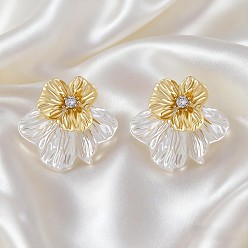 Golden Alloy Micro Pave Cubic Zirconia Flower Stud Earrings for Women, with 925 Silver Pin, Golden, 35mm
