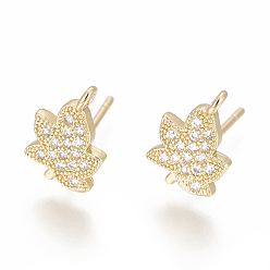 Golden Autumn Theme Brass Stud Earring Findings, with Cubic Zirconia and Loop, Maple Leaf, Clear, Golden, 12x7.5mm, Hole: 1.2mm, Pin: 0.8mm